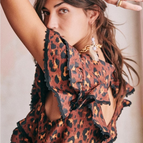 SEZANE Clarita Leopard Ruffle Blouse 36 4 S XS - Picture 5 of 11